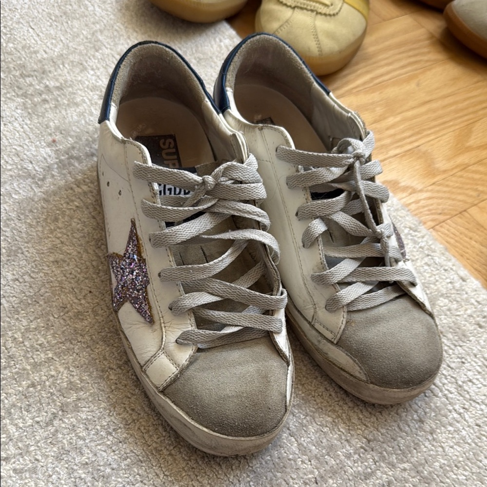 Golden Goose White and Gray Sneakers with Purple Star